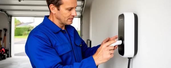 Technicien électricien inspectant une borne de recharge murale dans un garage résidentiel (conformité IRVE)