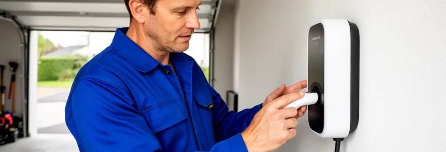 Technicien électricien inspectant une borne de recharge murale dans un garage résidentiel (conformité IRVE)