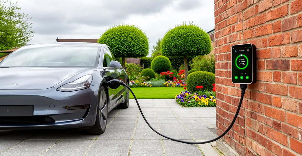 Véhicule électrique en charge devant une maison française avec borne murale conforme